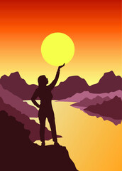 Happy woman holds the sun in the palm. Silhouette of a girl in the rays of the sunset. Travel and adventure concept. Admire the glory of the sun. Sunlight in the hands of a girl.