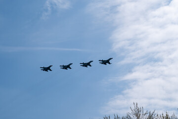 fighter jets in the blue sky. rehearsal of the victory parade. Airshow.