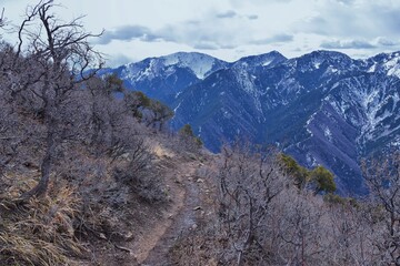 Grandeur Peak hiking trail loop views spring back around Bonneville Shoreline Pipe Line Overlook Rattlesnake Gulch trail, Wasatch Front Rocky Mountains, by Salt Lake City, Utah. United States. USA