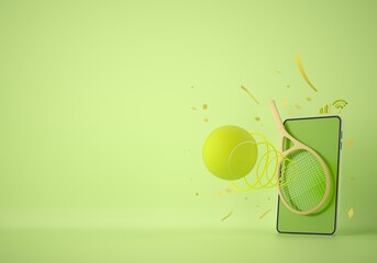 tennis ball object with a smartphone. sport application online. tennis training program. sport concept design. green background copy space. online shopping store. competition player. 3d illustrator.