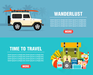 Summer wanderlust concept design flat banners set with suv. Time to travel. Travel icon. Safe journey. Vector illustration