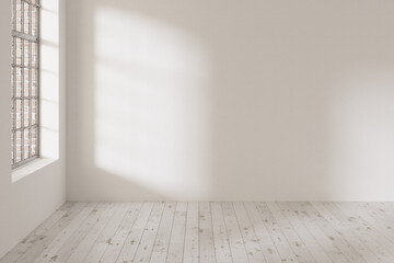 Interior of a light empty room with a large window, a wooden shabby floor, a white empty wall with sun glare. Front view. 3d render