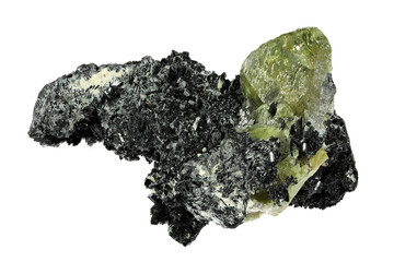 green sphene (titanite) with feldspar from Pakistan isolated on white background