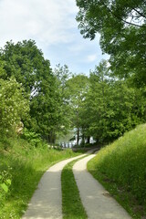 Fototapeta na wymiar Chemin en gravier avec bande de pelouse centrale à la sortie du parc Neerpede à Anderlecht 