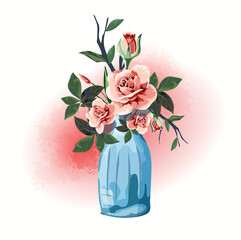 Illustration household items gift bottle decorated with flowers. Cute little romantic pictures with flowers. Beautiful pink roses.Isolated