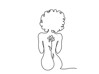 Aluminium Prints One line Beatiful naked Woman sitting back. One line drawing