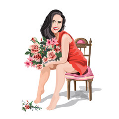 Valentines day greeting card.Brunette with long hair sits in a red blouse and holding a bouquet of flowers in her hands. Brunette sitting and smiling. Isolated vector illustration in cartoon style