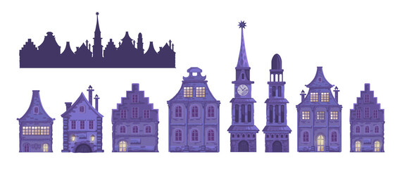 Set with traditional European old town.Town hall, chapel, beautiful houses, city street. Vector cartoon ancient buildings on white background. Isolated