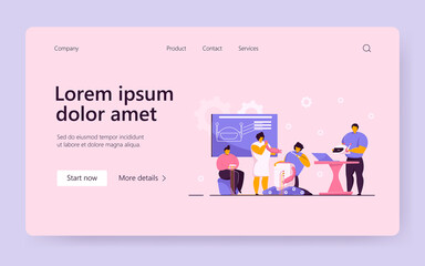 Children doing school robotics project. Group of students making robot, child sitting, teacher holding robotic head. Robotics, engineering technology, robots presentation, school project concept