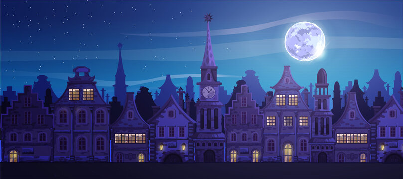 Traditional European old town.Town hall, chapel, beautiful houses, city street. Night city, moon. Vector cartoon landscape with ancient buildings