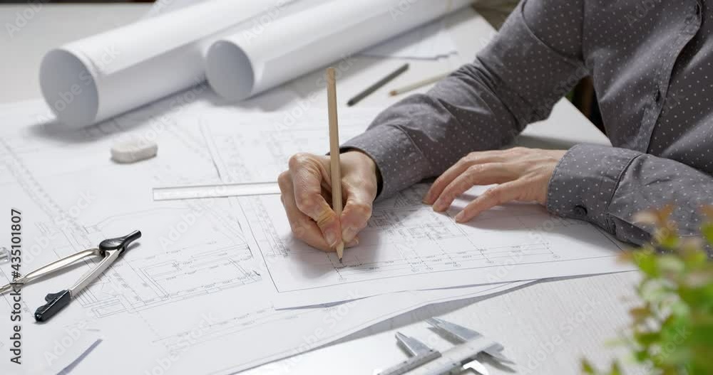 Poster the hands of a professional architect draw a sketch of the design project with a pencil on paper. th