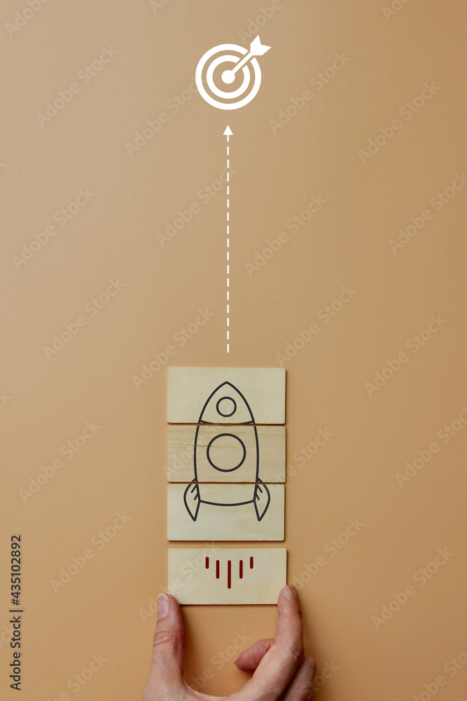 Poster drawing of the rocket and the path to the target. the symbol of fast movement to the intended goal