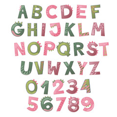 Cartoon cute Dinosaur alphabet. Dino font with letters and numbers. Children Vector illustration for t-shirts, cards, posters, birthday party events, paper design, kids and nursery design