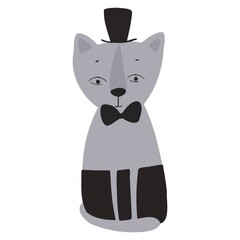A cat in trousers, a bow tie and a cartoon-style hat. Gray vector cat.