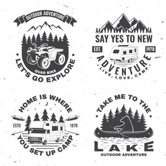Fototapeta premium Set of camping badges. Vector illustration Concept for shirt or logo, print, stamp or tee. Vintage typography design with quad bike, bear in canoe, camper trailer and forest silhouette.