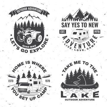 Set of camping badges. Vector illustration Concept for shirt or logo, print, stamp or tee. Vintage typography design with quad bike, bear in canoe, camper trailer and forest silhouette.