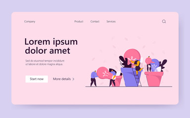 Business team growing ideas as potted plants. Men carrying lightbulb, black girl climbing ladder, man watering idea plant. Business, ecology, teamwork, creativity concept for banner or website design