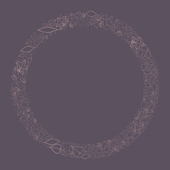 Round luxury rose gold frame with mix of small hand drawn leaves on a grey purple background for wedding invitations, cards, banners, posters. Vector illustration, eps10