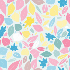 Fototapeta na wymiar Seamless baby pattern with pastel colored hand drawn leaves on a sky blue background. The pattern can be used for wrapping papers, invitation cards, wallpapers, covers, textile prints. Vector, eps 10.