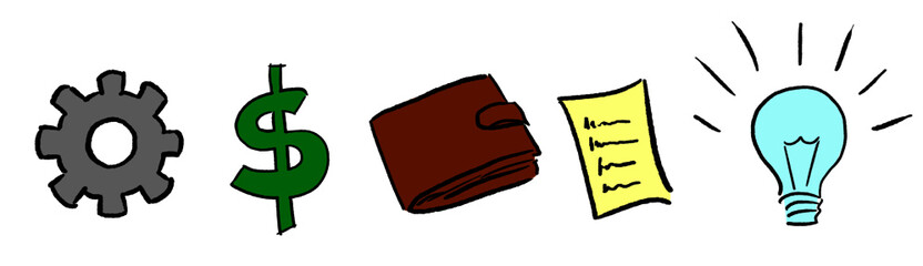 Vector Business Financial Icons (\Lamp, List, Wallet, Dollar Sign, Gear)