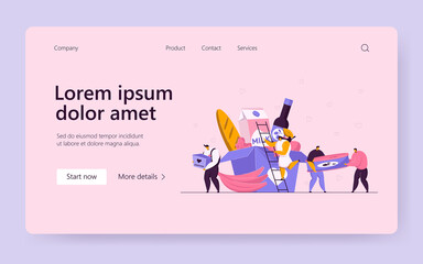 Volunteers delivering groceries. Tiny charity people sharing food help boxes flat vector illustration. Humanitarian aid, social responsibility concept for banner, website design or landing web page