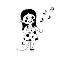 Black and white Cute teen girl cartoon character singing song, flat vector illustration