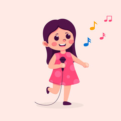 Cute teen girl cartoon character singing song, flat vector illustration