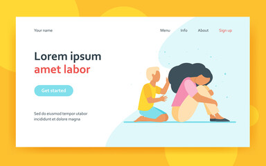 Boy trying to help sad woman. Grief, kid, night flat vector illustration. Depression and melancholy concept for banner, website design or landing web page