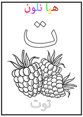 Arabic alphabet taa with a picture of the berry, Translation(berry, let's color)