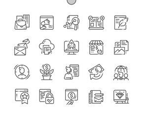 Online marketing. Creative startup. Branding, analytics, campaign, content, target, profit, growth and support. Pixel Perfect Vector Thin Line Icons. Simple Minimal Pictogram