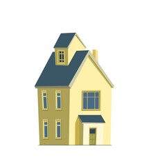 Rural house in a cheerful cartoon flat style. Isolated on white background. Half turn. Gable blue roof. Small cozy suburban cottage. Rural village. Plastered yellow walls. Vector.