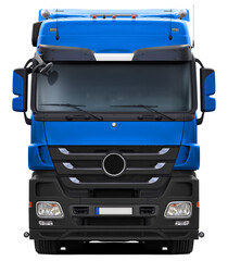 Modern European truck in blue with a black plastic bumper. Front view isolated on white background.