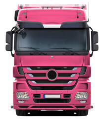 Modern European truck completely pink. Front view isolated on white background.