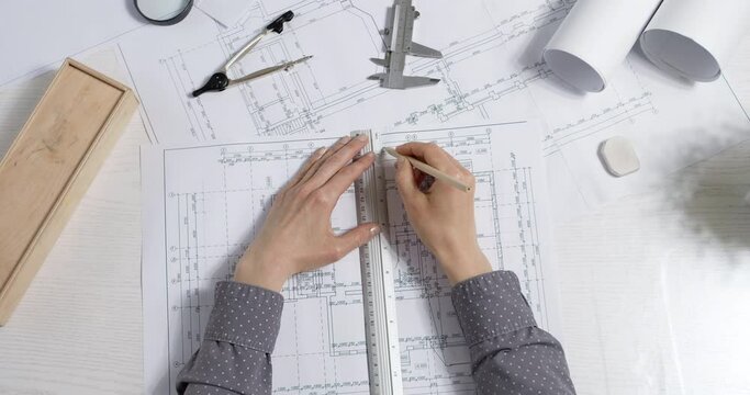 The hands of a professional architect draw a sketch of the design project with a pencil on paper. The desktop of a civil engineer creating blueprints for a building. 4K.