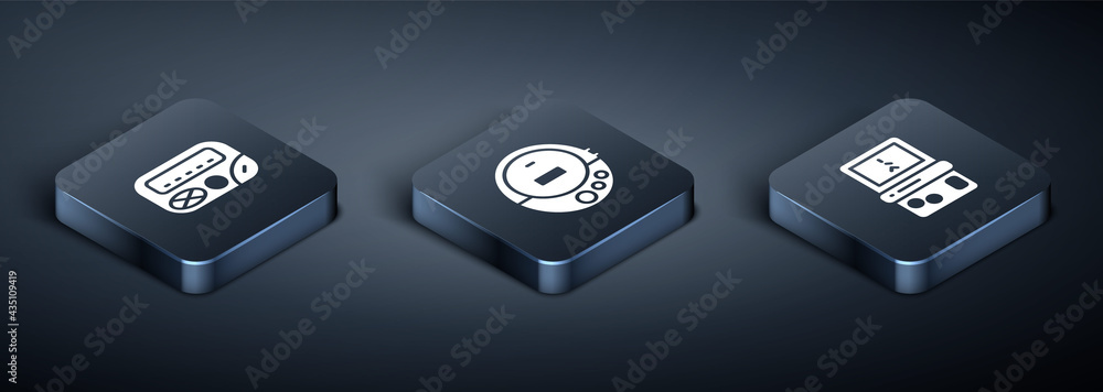 Poster set isometric pager, tetris and music cd player icon. vector