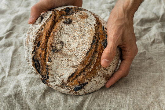 Fresh loaf of sourdough wholegrain spelt wheat bread in male hands. Natural linen fabric background. Buy local, support small business. Healthy traditional craft, hobby, baking at home. Copy space.