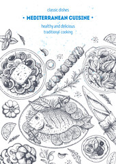 Mediterranean cuisine top view frame. A set of mediterranean dishes. Food menu design template. Vintage hand drawn sketch. Vector illustration. Food collection.