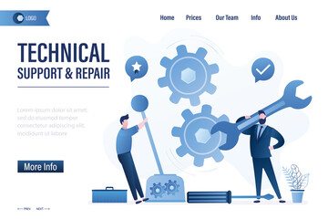 Fototapeta na wymiar Technical support and repair, landing page template. Business people with tools. Happy workers or support staff people fix mechanism with gears. Client service,
