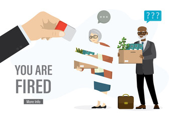 You are fired, landing page template. Dismissal elderly workers. Seniors with boxes in hands. Big hand holds eraser and removes workers. Staff reduction.
