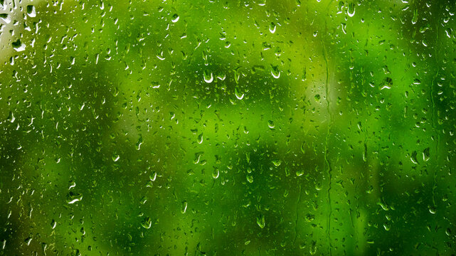 raindrops on a glass window against a background of green foliage, backgrounds, textures