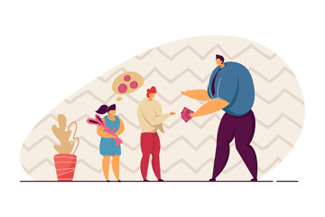 Father giving pocket money to children. Girl and boy receiving cash for their personal needs. Financial literacy concept for banner, website design or landing web page