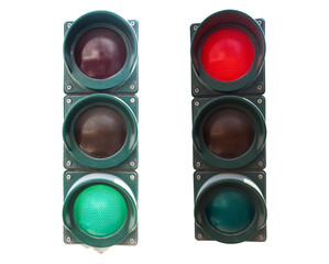 traffic light on red and green color isolated on white background