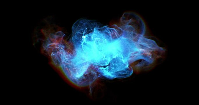 Iridescent multicolored particle flow, colored vivid smoke and gas  glowing from sphere explosion. abstract rainbow fluid particle on black background. 
