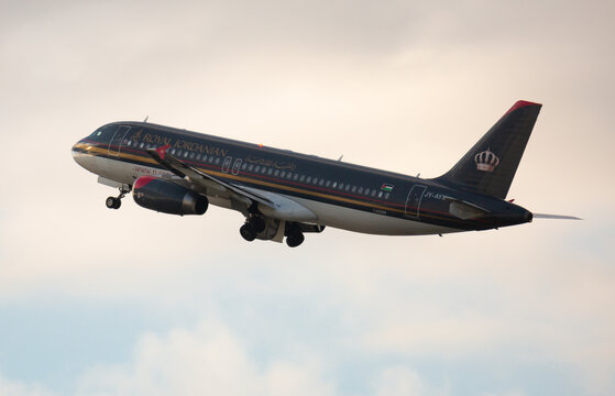 BARCELONA, SPAIN - JANUARY 26, 2020: Airbus A320-232 with JY-AYX registration, Royal Jordanian Airlines, getting take off the runway at El Prat Airport (BCN)