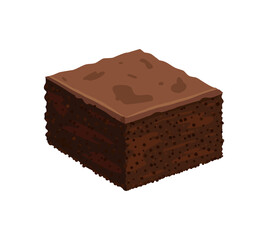 Chocolate cake in isometric view. Piece of confectionery, sweets. Vector illustration on white background.
