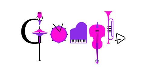 Google doodle musical instruments vector icon. Imitation of logotype. Vibrant color music sign cartoon design element. Musical event symbols sketch illustration. Live entertainment template background © lana_samcorp