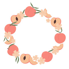 Peache wreath with leaves. Half, slice and whole shape of peach, nectarine, apricot, apple. Vector peache frame isolated on white background. Flat design.