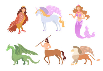 Different mythical creatures flat vector illustrations set. Fantasy characters, centaur, harpy, dragon, mermaid, Pegasus, griffin isolated on white background. Greek mythology, magic, monsters concept