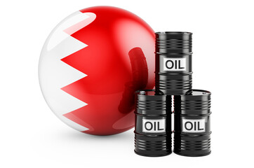 Oil barrels with Bahraini flag. Oil production or trade in Bahrain concept, 3D rendering