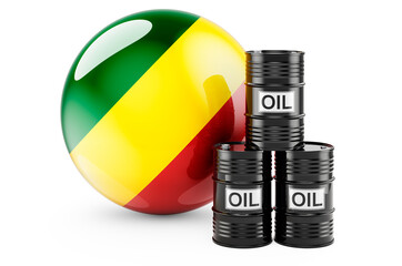 Oil barrels with Congolese flag. Oil production or trade in Congo concept, 3D rendering